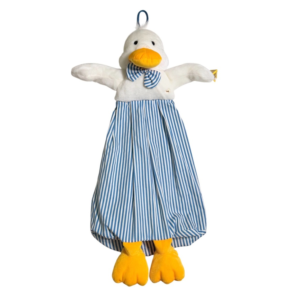 NWT Sunkid Plush Duck Hanging Pajama Bag Storage VTG 90s Blue Striped Bow Tie